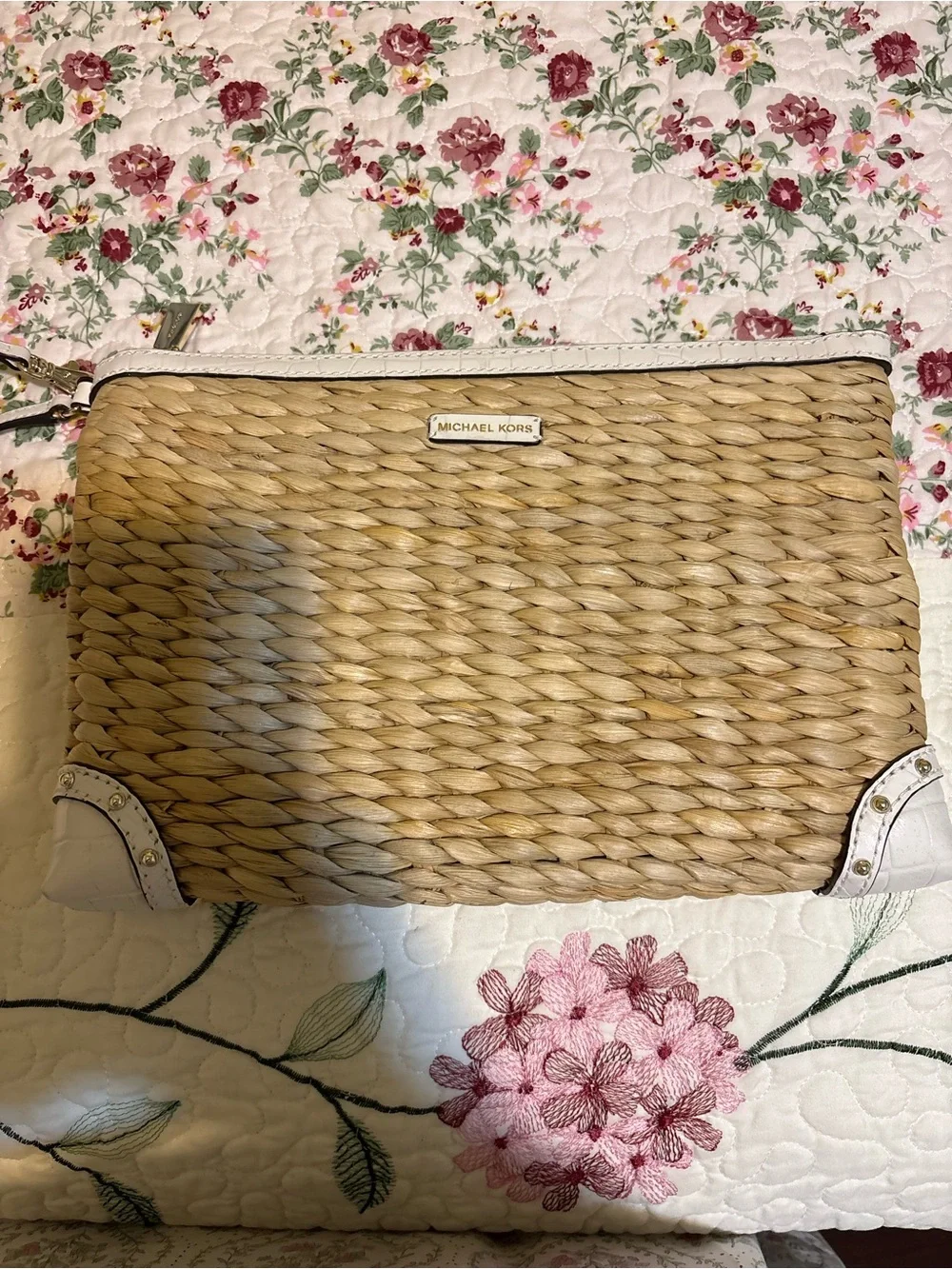 Michael Kors Natural Straw Clutch with White Trim